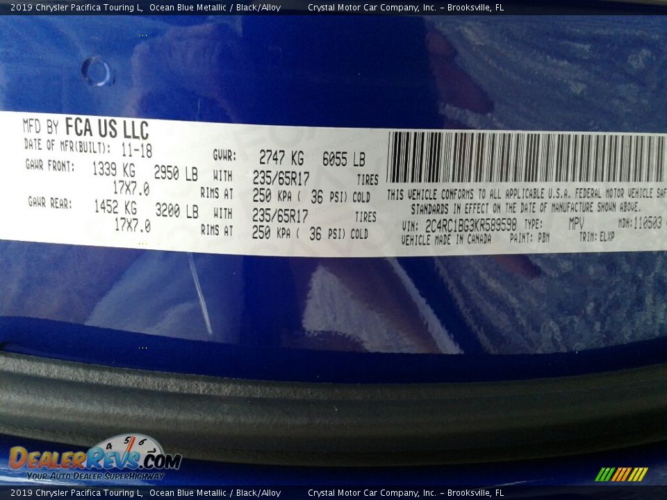 2019 Chrysler Pacifica Touring L Ocean Blue Metallic / Black/Alloy Photo #21