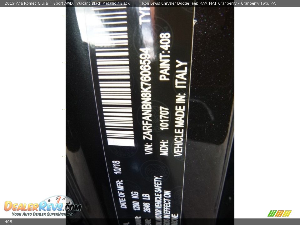 Alfa Romeo Color Code 408 Vulcano Black Metallic