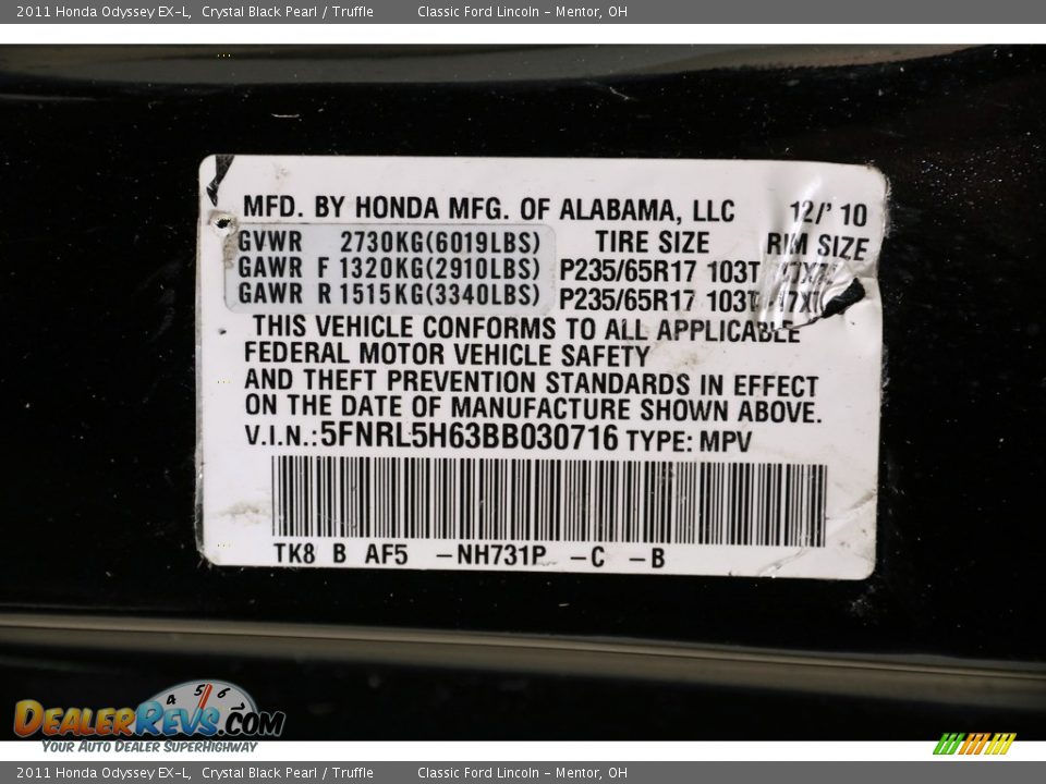 2011 Honda Odyssey EX-L Crystal Black Pearl / Truffle Photo #27