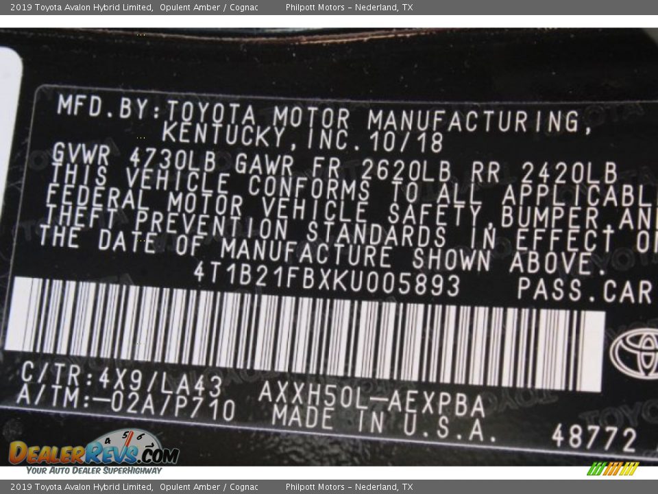 2019 Toyota Avalon Hybrid Limited Opulent Amber / Cognac Photo #24
