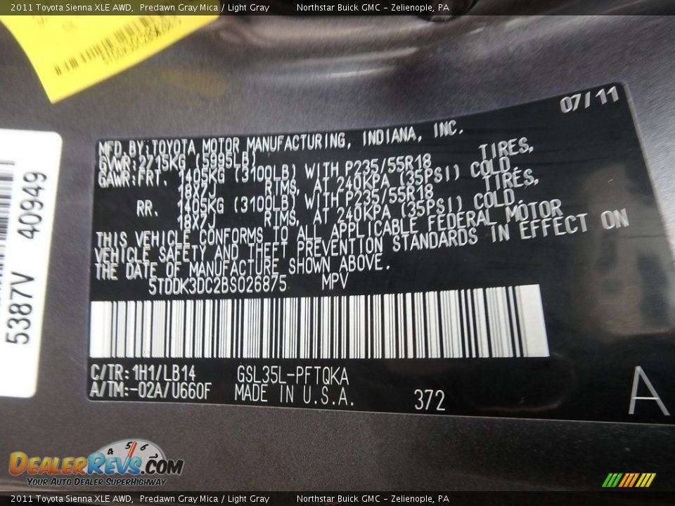 2011 Toyota Sienna XLE AWD Predawn Gray Mica / Light Gray Photo #20