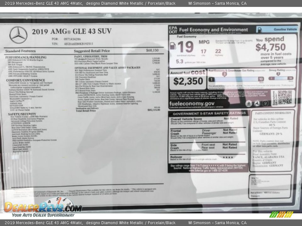 2019 Mercedes-Benz GLE 43 AMG 4Matic Window Sticker Photo #10