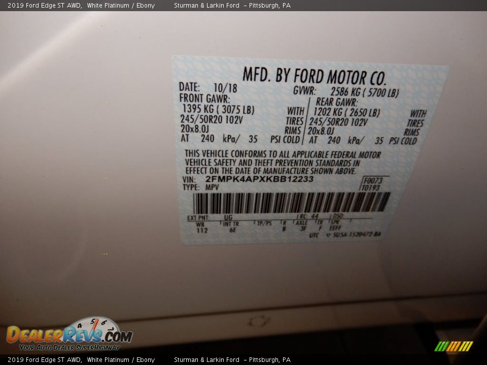 2019 Ford Edge ST AWD White Platinum / Ebony Photo #11