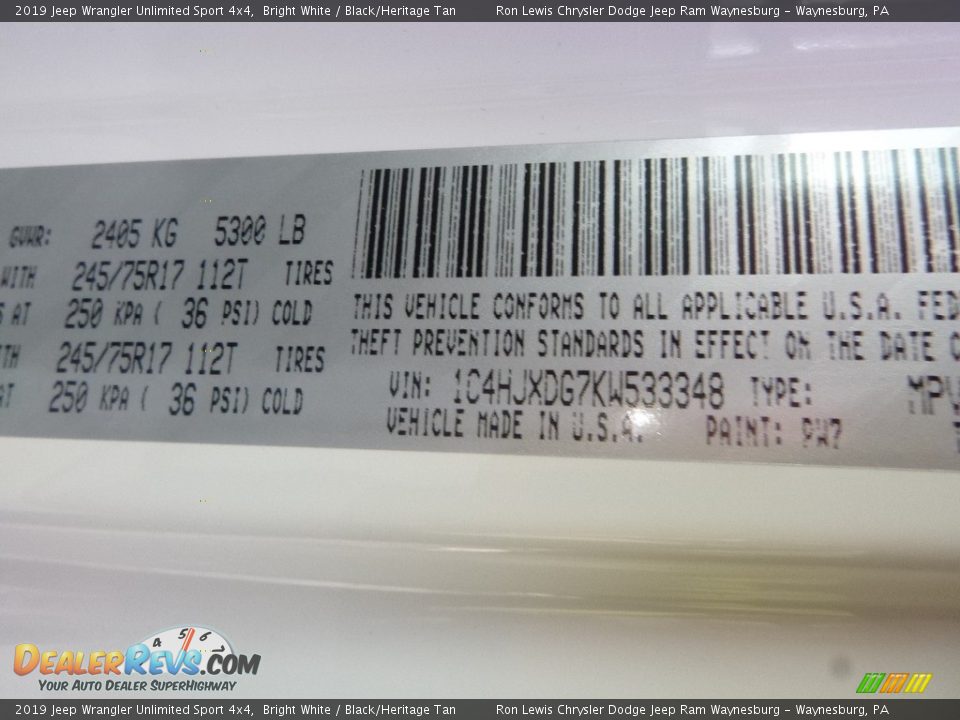 2019 Jeep Wrangler Unlimited Sport 4x4 Bright White / Black/Heritage Tan Photo #15