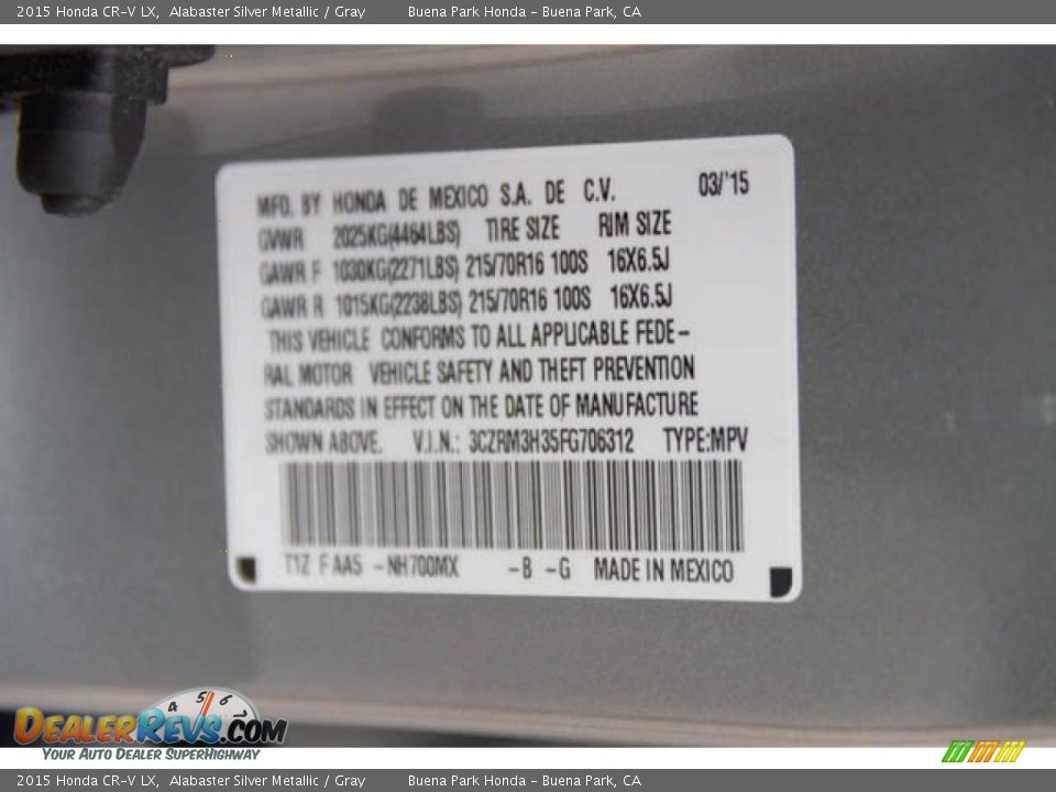 2015 Honda CR-V LX Alabaster Silver Metallic / Gray Photo #34