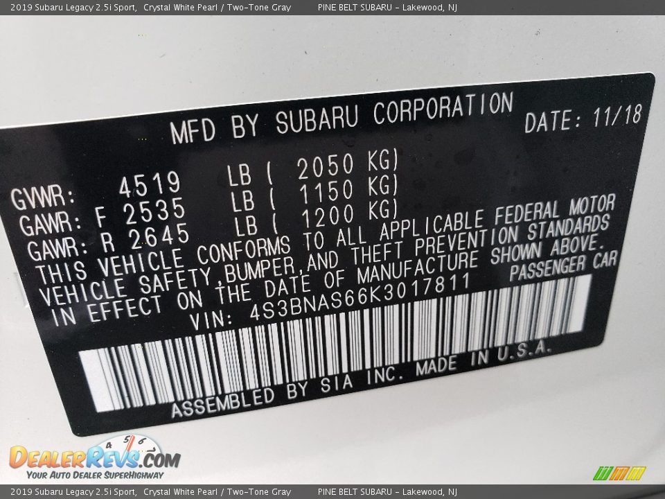 2019 Subaru Legacy 2.5i Sport Crystal White Pearl / Two-Tone Gray Photo #9