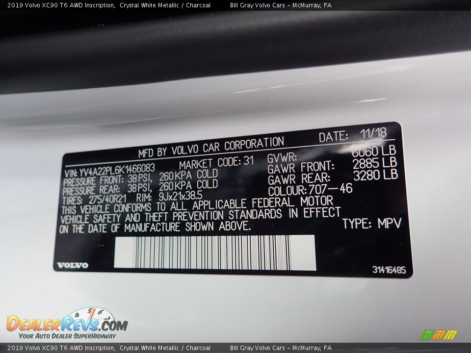 2019 Volvo XC90 T6 AWD Inscription Crystal White Metallic / Charcoal Photo #12