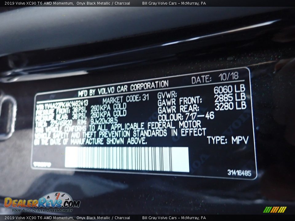 2019 Volvo XC90 T6 AWD Momentum Onyx Black Metallic / Charcoal Photo #12
