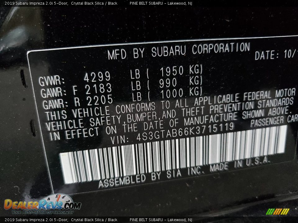 2019 Subaru Impreza 2.0i 5-Door Crystal Black Silica / Black Photo #9