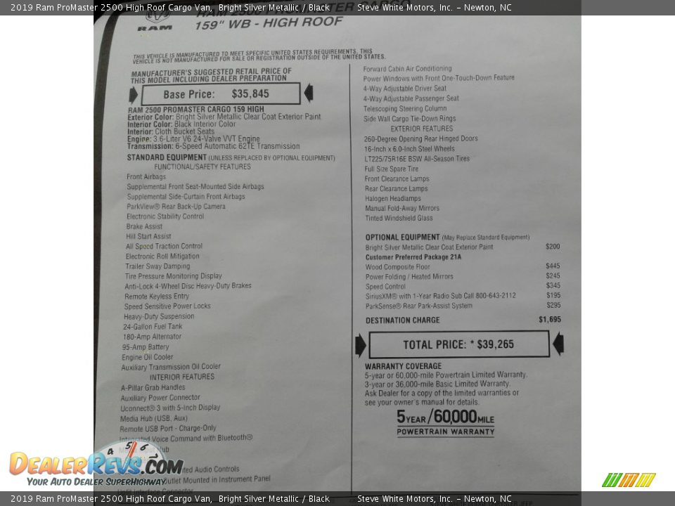 2019 Ram ProMaster 2500 High Roof Cargo Van Bright Silver Metallic / Black Photo #29