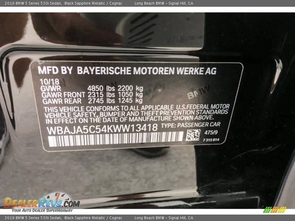2019 BMW 5 Series 530i Sedan Black Sapphire Metallic / Cognac Photo #11