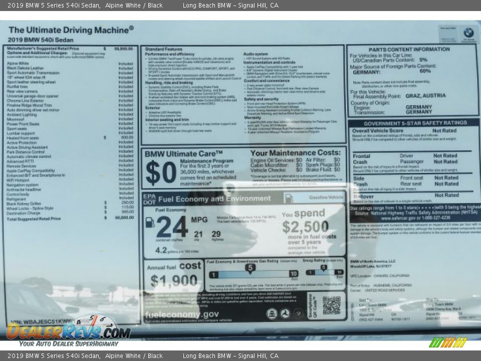 2019 BMW 5 Series 540i Sedan Alpine White / Black Photo #10