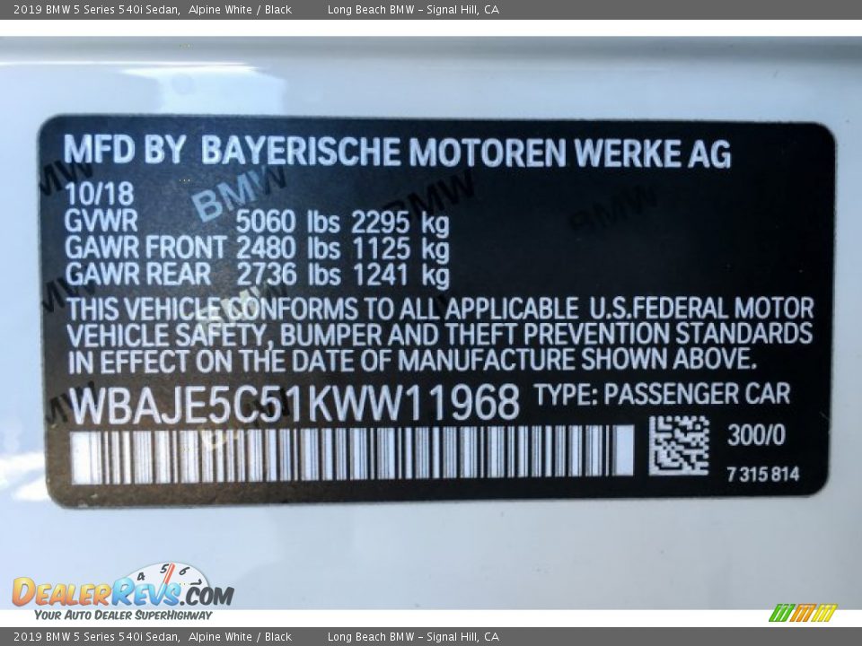 2019 BMW 5 Series 540i Sedan Alpine White / Black Photo #11