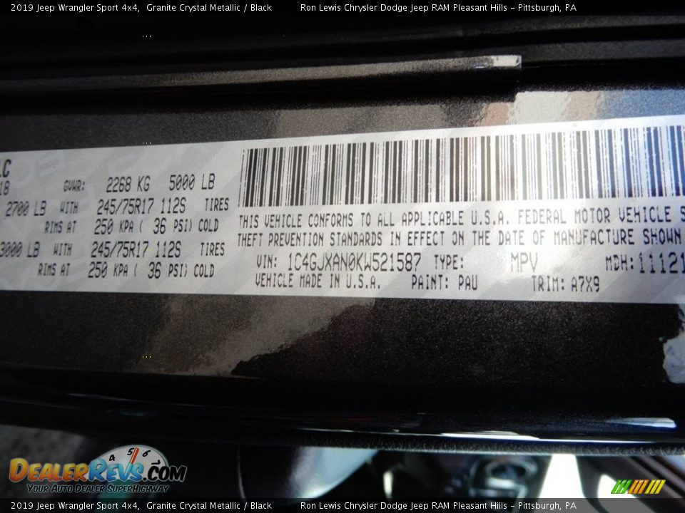 2019 Jeep Wrangler Sport 4x4 Granite Crystal Metallic / Black Photo #15