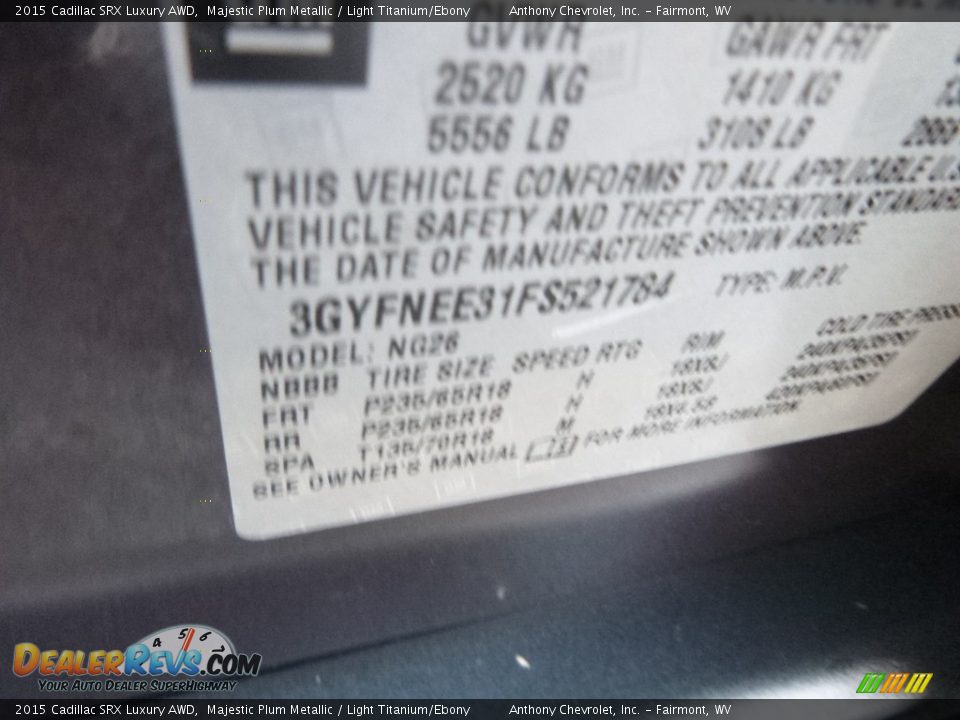 2015 Cadillac SRX Luxury AWD Majestic Plum Metallic / Light Titanium/Ebony Photo #14