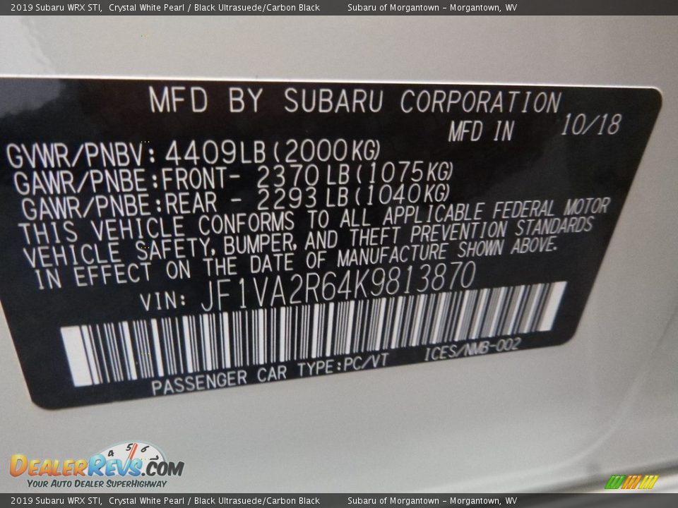 2019 Subaru WRX STI Crystal White Pearl / Black Ultrasuede/Carbon Black Photo #13