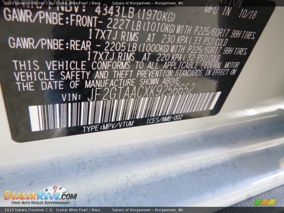 2019 Subaru Crosstrek 2.0i Crystal White Pearl / Black Photo #15