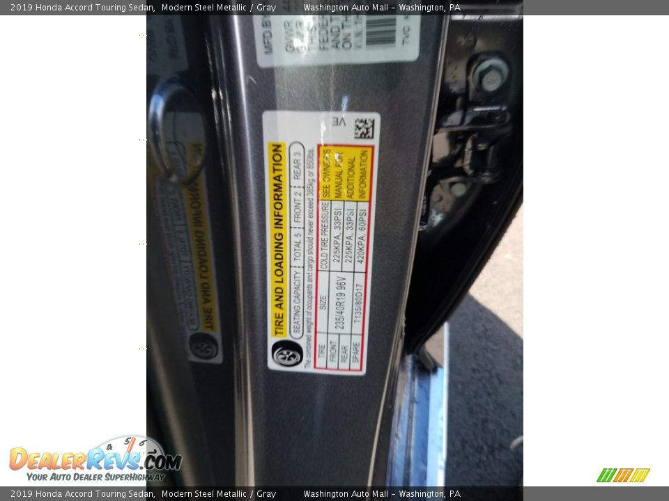 2019 Honda Accord Touring Sedan Modern Steel Metallic / Gray Photo #13