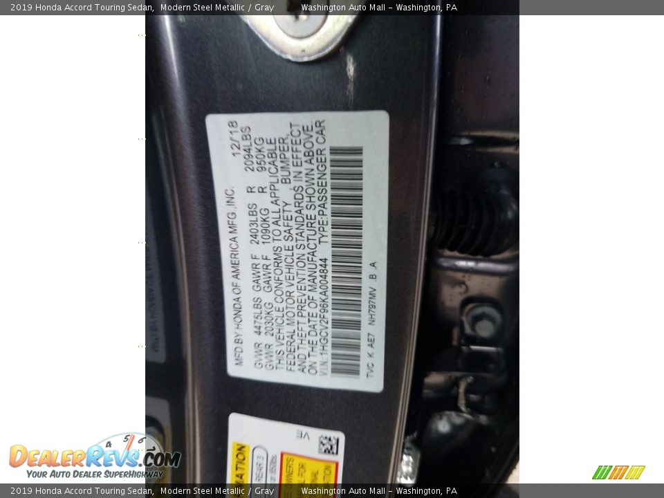 2019 Honda Accord Touring Sedan Modern Steel Metallic / Gray Photo #14