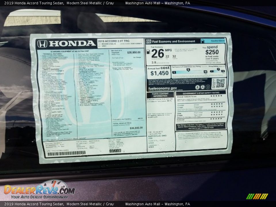 2019 Honda Accord Touring Sedan Modern Steel Metallic / Gray Photo #15