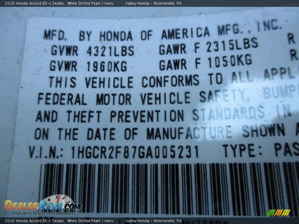 2016 Honda Accord EX-L Sedan White Orchid Pearl / Ivory Photo #19
