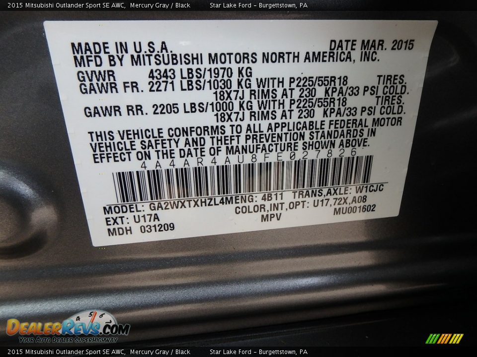 2015 Mitsubishi Outlander Sport SE AWC Mercury Gray / Black Photo #14