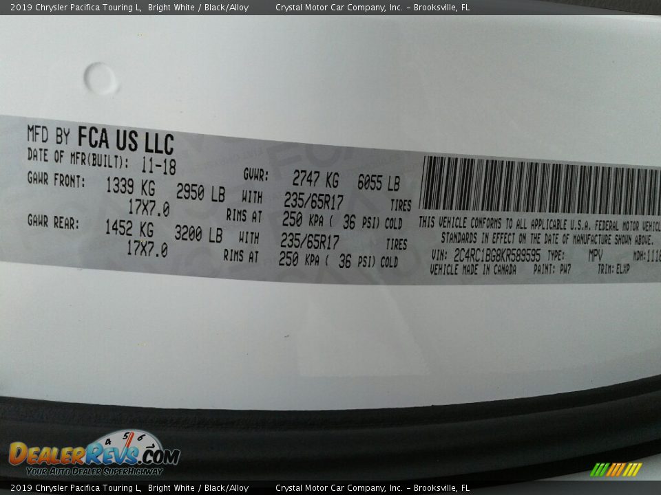 2019 Chrysler Pacifica Touring L Bright White / Black/Alloy Photo #22