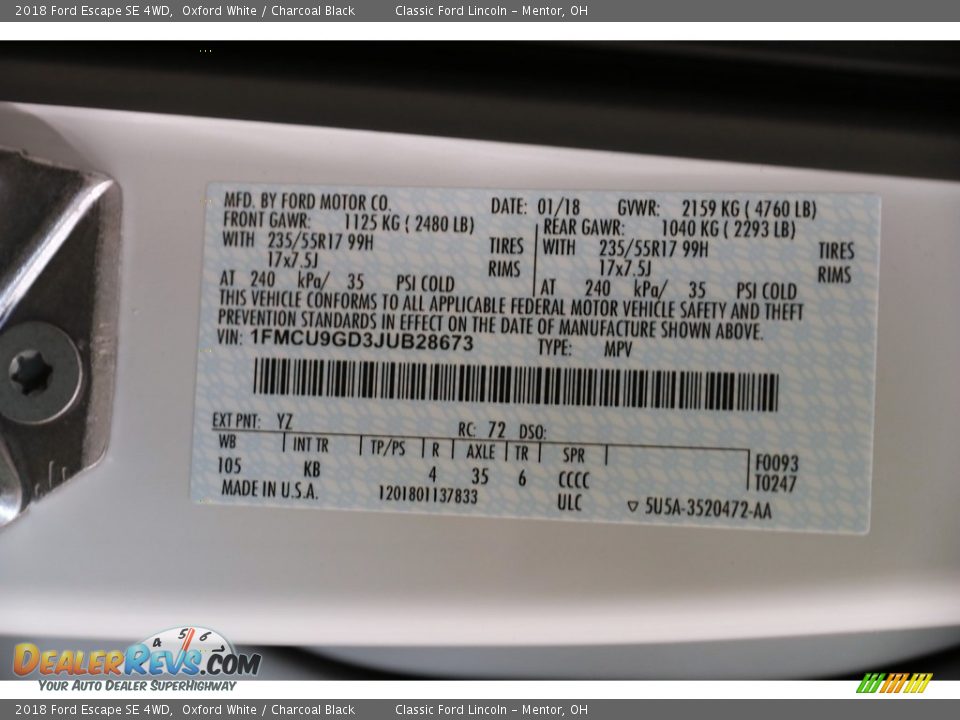 2018 Ford Escape SE 4WD Oxford White / Charcoal Black Photo #22
