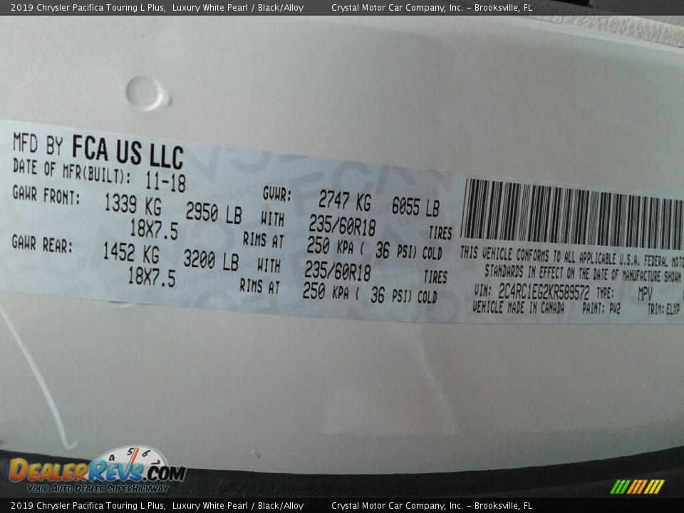 2019 Chrysler Pacifica Touring L Plus Luxury White Pearl / Black/Alloy Photo #22