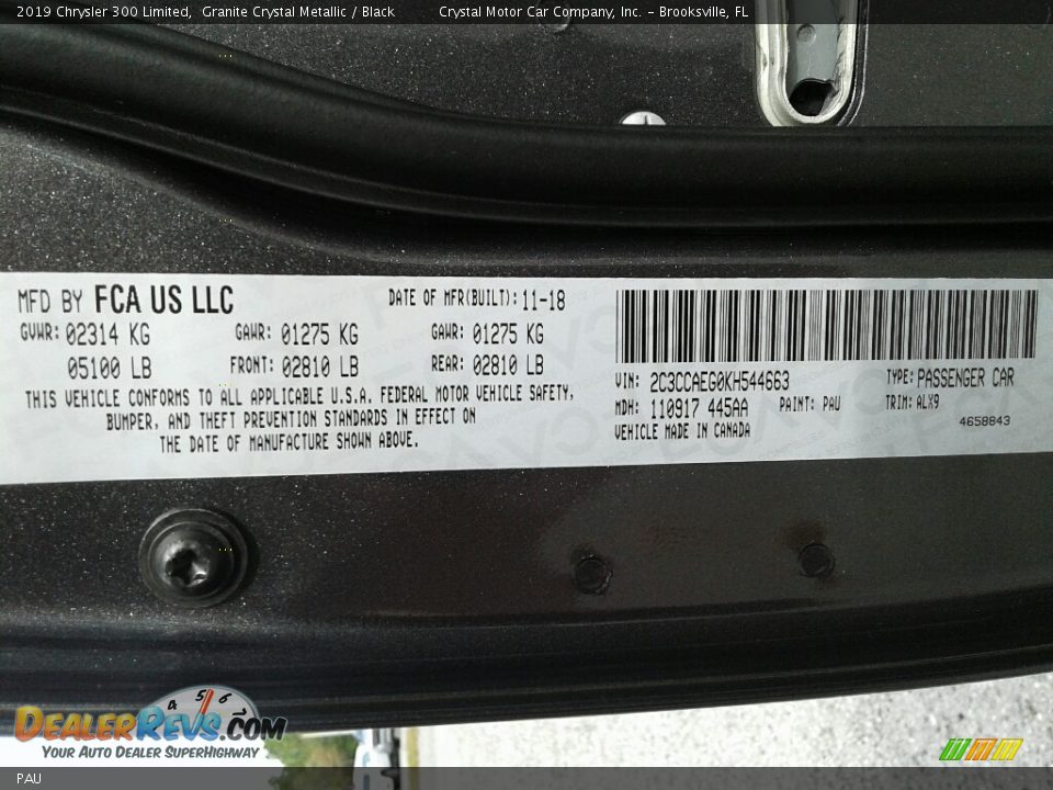 Chrysler Color Code PAU Granite Crystal Metallic