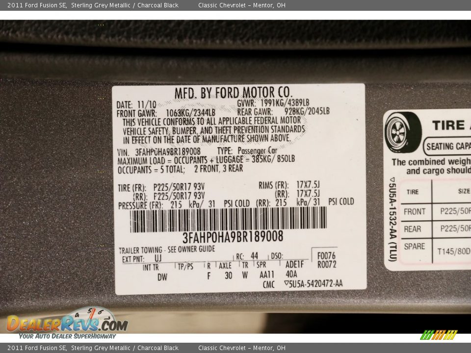 2011 Ford Fusion SE Sterling Grey Metallic / Charcoal Black Photo #17