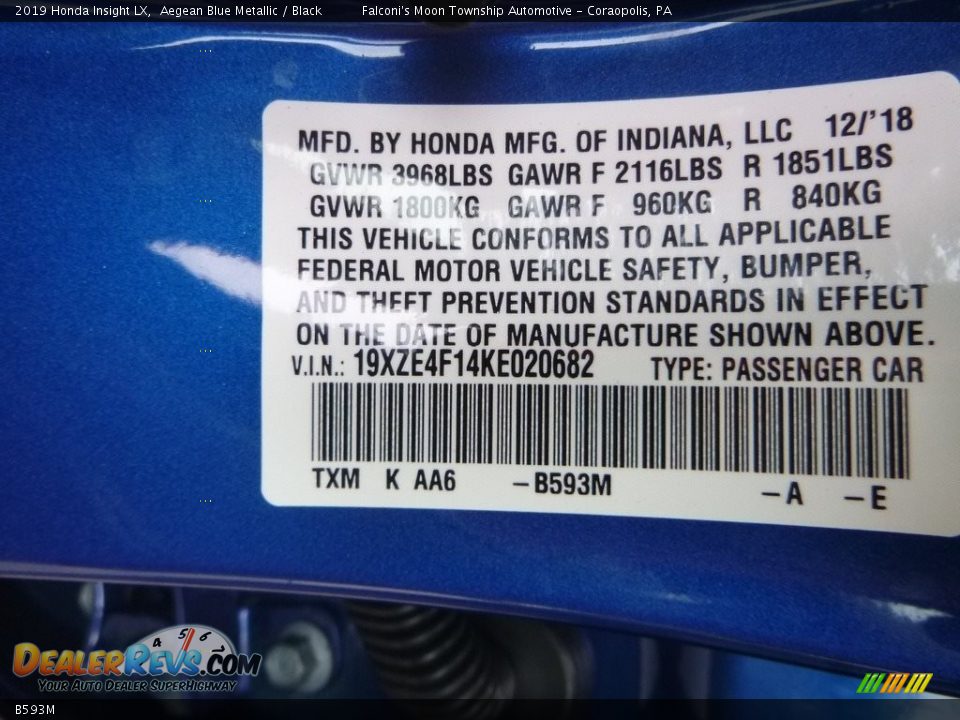 Honda Color Code B593M Aegean Blue Metallic