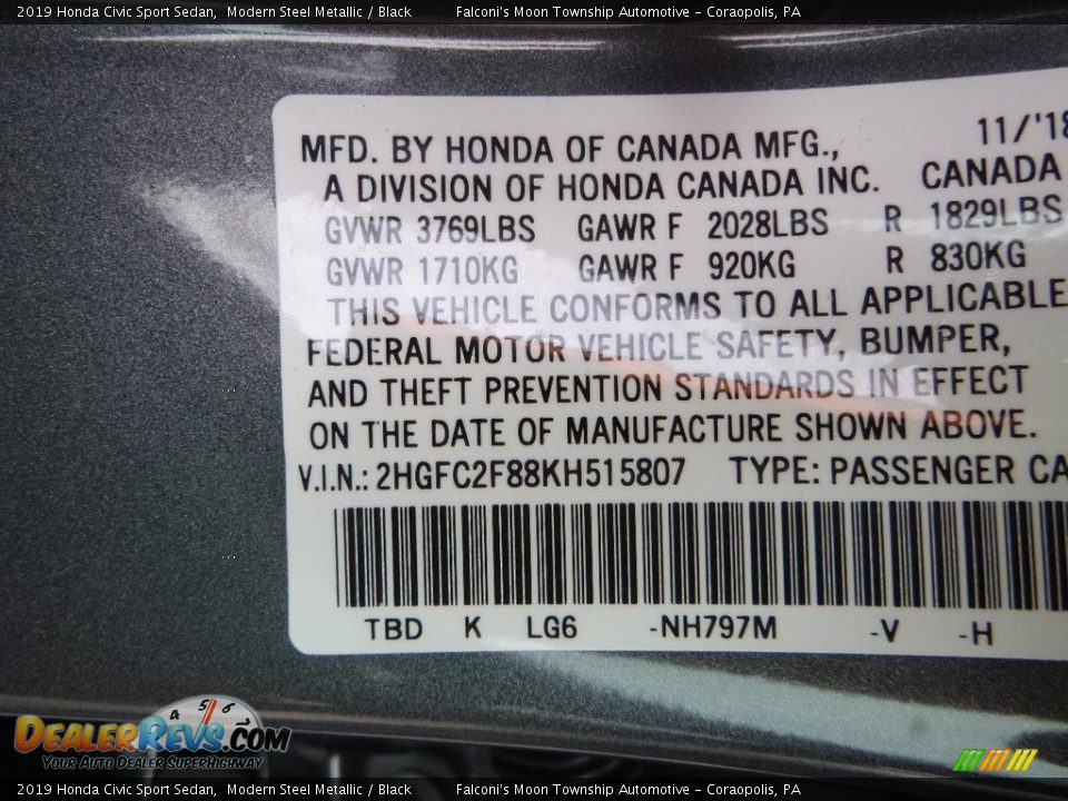 2019 Honda Civic Sport Sedan Modern Steel Metallic / Black Photo #13