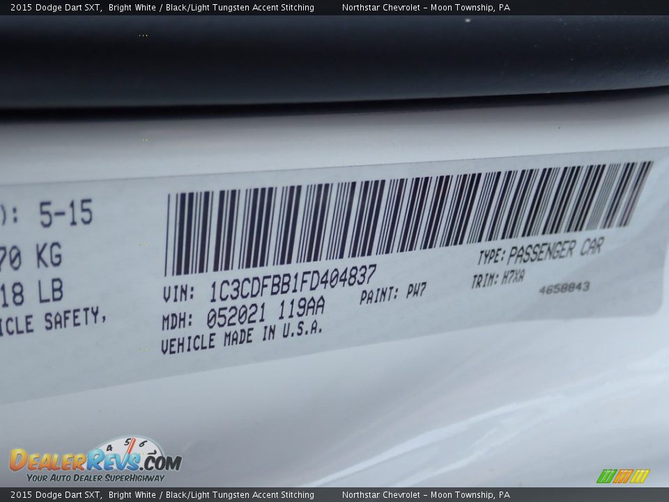 2015 Dodge Dart SXT Bright White / Black/Light Tungsten Accent Stitching Photo #28