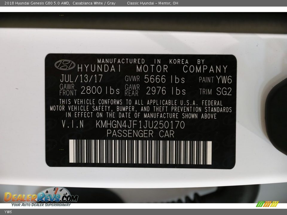 Hyundai Color Code YW6 Casablanca White