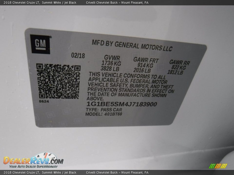 2018 Chevrolet Cruze LT Summit White / Jet Black Photo #34