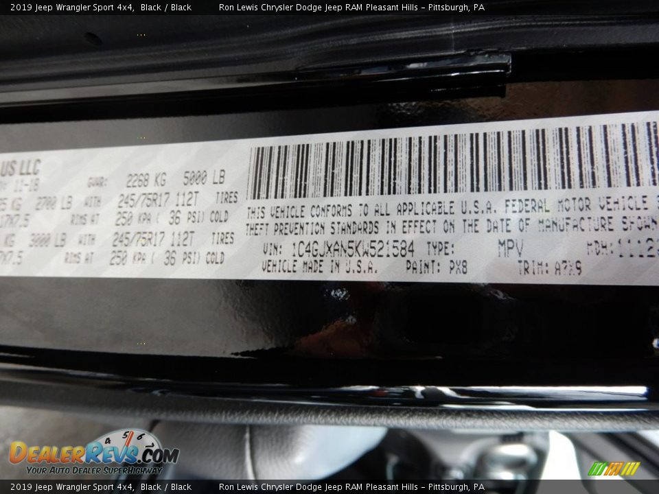 2019 Jeep Wrangler Sport 4x4 Black / Black Photo #15
