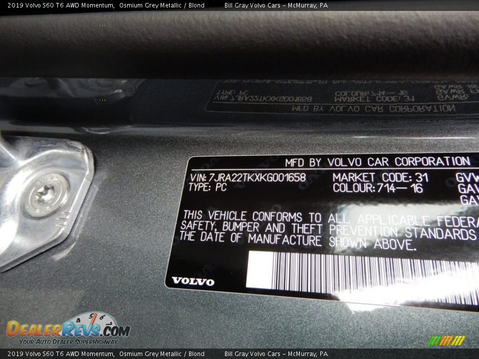 2019 Volvo S60 T6 AWD Momentum Osmium Grey Metallic / Blond Photo #11