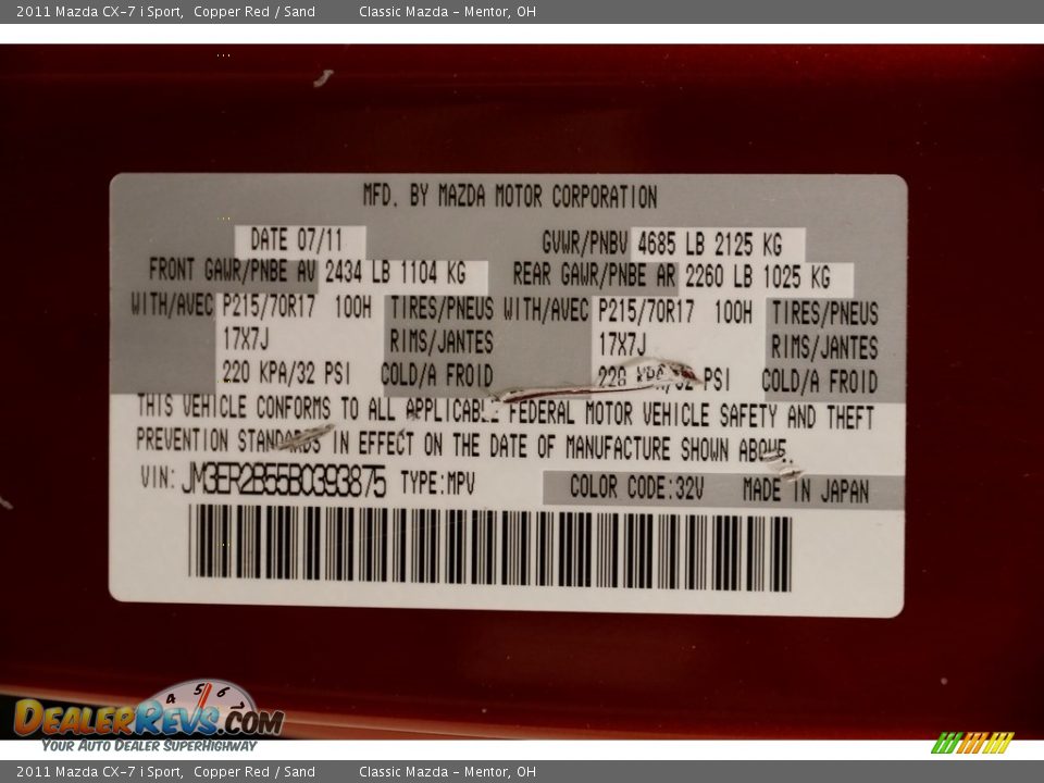 2011 Mazda CX-7 i Sport Copper Red / Sand Photo #19