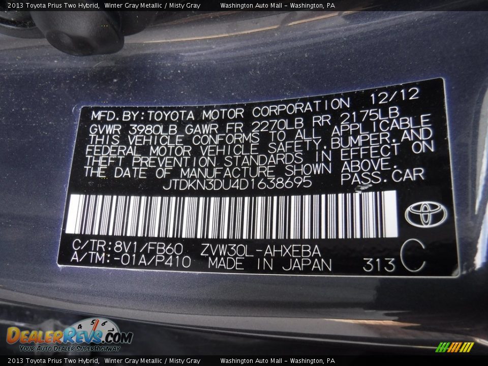 2013 Toyota Prius Two Hybrid Winter Gray Metallic / Misty Gray Photo #24