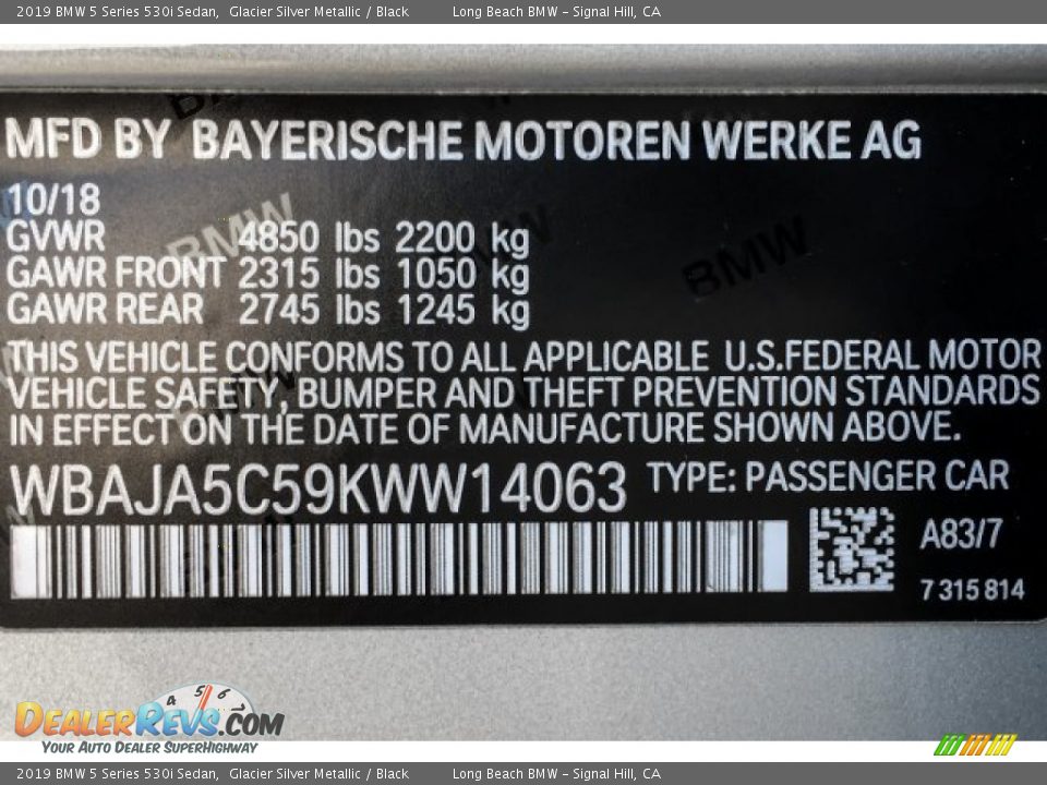 2019 BMW 5 Series 530i Sedan Glacier Silver Metallic / Black Photo #11