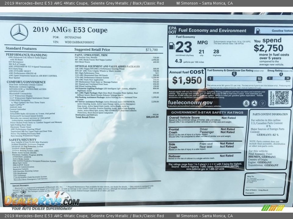 2019 Mercedes-Benz E 53 AMG 4Matic Coupe Selenite Grey Metallic / Black/Classic Red Photo #10