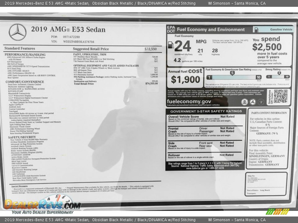 2019 Mercedes-Benz E 53 AMG 4Matic Sedan Obsidian Black Metallic / Black/DINAMICA w/Red Stitching Photo #10