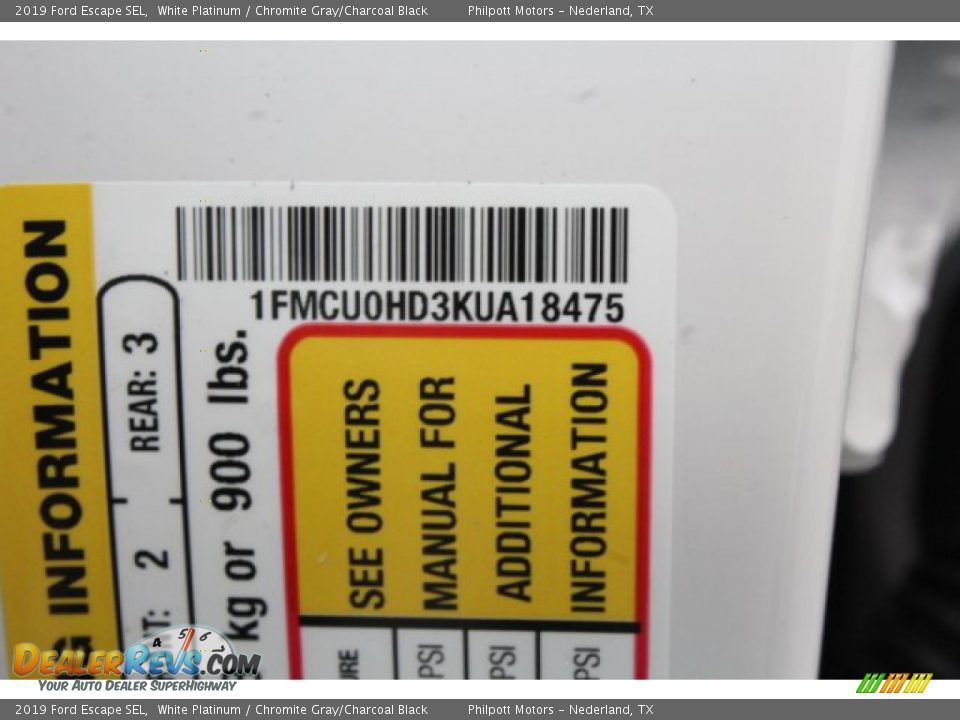 2019 Ford Escape SEL White Platinum / Chromite Gray/Charcoal Black Photo #26