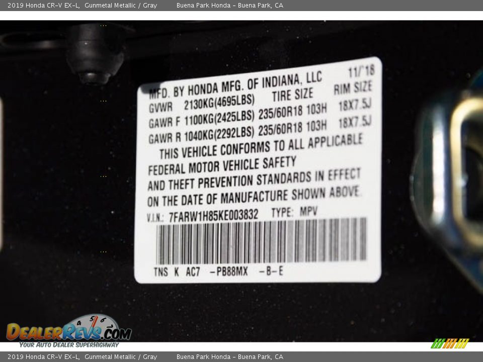 2019 Honda CR-V EX-L Gunmetal Metallic / Gray Photo #36