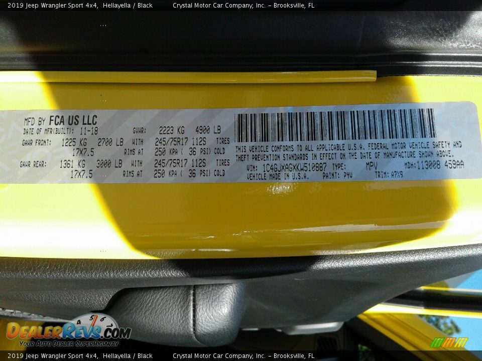 2019 Jeep Wrangler Sport 4x4 Hellayella / Black Photo #21