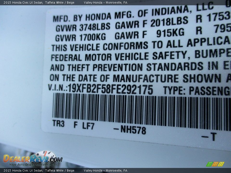 2015 Honda Civic LX Sedan Taffeta White / Beige Photo #20