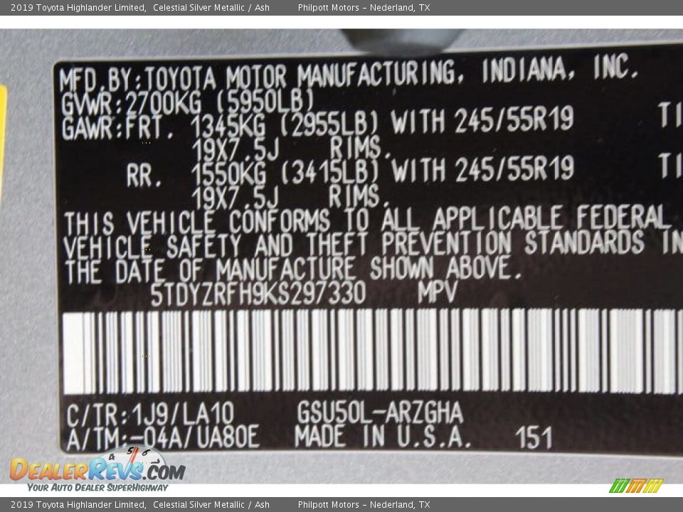 2019 Toyota Highlander Limited Celestial Silver Metallic / Ash Photo #27