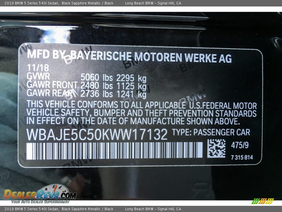 2019 BMW 5 Series 540i Sedan Black Sapphire Metallic / Black Photo #11