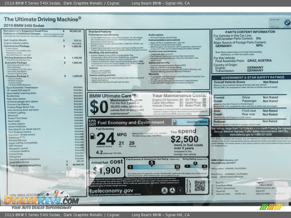 2019 BMW 5 Series 540i Sedan Dark Graphite Metallic / Cognac Photo #10